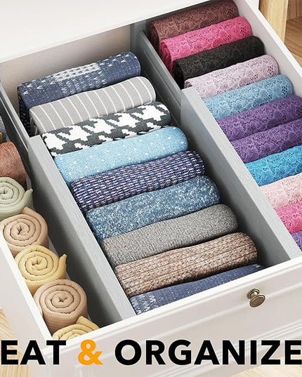 SpaceAid Bamboo 4 Pack Dresser Drawer Dividers, 4.65“ High Adjustable 12.5“-17” Drawer Organizers, Expandable Organization for Clothing, Clothes, Dressers, Gray