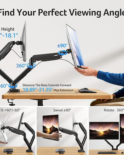 Acer Dual Monitor Arm, Computer Desk Arm with VESA Mounts for 17–32″ Screens, Fully Adjustable Gas Spring Monitor Stand, C-Clamp and Grommet Mounting Base, Fits 4.4 to 19.8lbs Computer Monitors