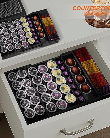MinBoo Bamboo Drawer Organizer - Expandable K Cup & Pods Holder, Coffee Pod Storage, Tea Organizer, Versatile Kitchen Accessory Organization and Storage，Black