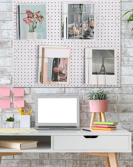 4 Pair Pegboard Display Shelves Expandable Width Metal Magazine Holder Hanging Wall File Organizer Pegboard Accessories Wall Decor for Pantry Exhibitions Trade Show Retail Store(Gold)
