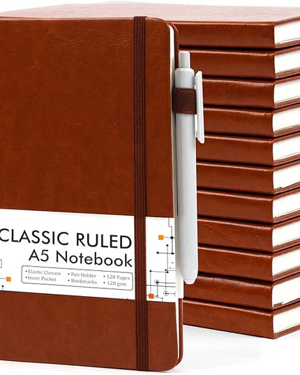 12 Pack Notebooks Journals Bulk with 12 Black Pens, Feela A5 Hardcover Notebook Classic Ruled Journal Set with Pen Holder for School Business Work Travel Writing, 120 GSM, 5.1”x8.3”, Brown