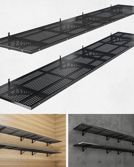 4-Pack 1.5x4ft Heavy Duty Garage Wall Shelving, 1000 lbs Load Capacity, Garage Shelving Wall Mounted, Storage Rack with Hooks, Black