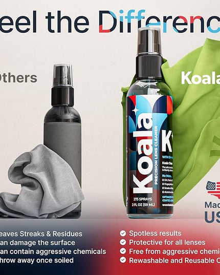 Koala Eyeglass Lens Cleaner Spray Kit | (1x) Glasses Cleaner Bottle + (1x) Microfiber Cloth | Alcohol Free Eyeglasses, Screen, and Camera Cleaning Kit | Made in USA (2 Piece Set)
