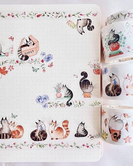 WT Chonky Cat Washi Tape Sticker Set, 4 Rolls, Original Designs, Watercolor Cute Cat Decorative Sticker, Kiss-Cut Craft Sticker, Bujo Planner Supplies, Journals Gifts, DIY Paper Sticker