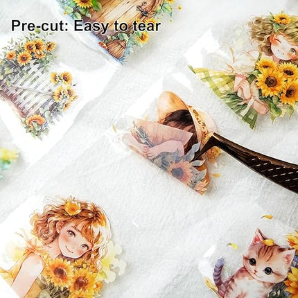 AuriicLeaf Blooming Sunflower PET Tape Set, 6 Rolls of Pre-Cut Floral Stickers for Journaling, Scrapbook Supplies, DIY Crafts, and Decorative Art