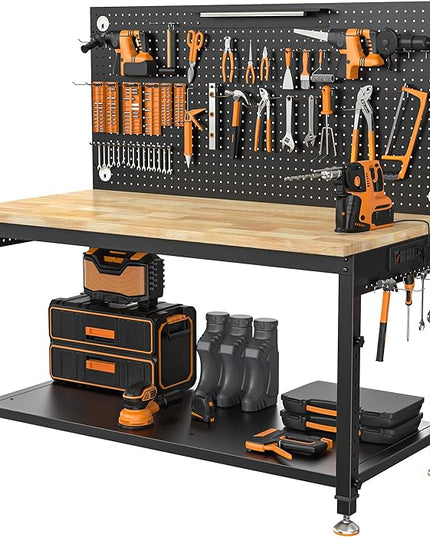 48" Heavy Duty Work Bench Adjustable Height Max Load 2000 LBS with Storage Shelf for Garage Workbench, Rubberwood Tabletop with Pegboard, LED Light, Built-in Power Strip for Woodworking Shop