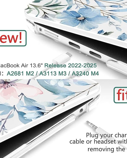 DONGKE for M4 MacBook Air 13.6 Inch Case 2025 2024 2023 2022 Model A3240 A3113 A2681 M3 M2 Chip, Plastic Hard Shell Case Cover with Touch ID for MacBook Air 13 Inch M4 - Blue Flowers