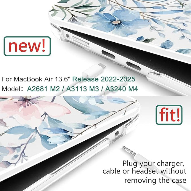 DONGKE for M4 MacBook Air 13.6 Inch Case 2025 2024 2023 2022 Model A3240 A3113 A2681 M3 M2 Chip, Plastic Hard Shell Case Cover with Touch ID for MacBook Air 13 Inch M4 - Blue Flowers