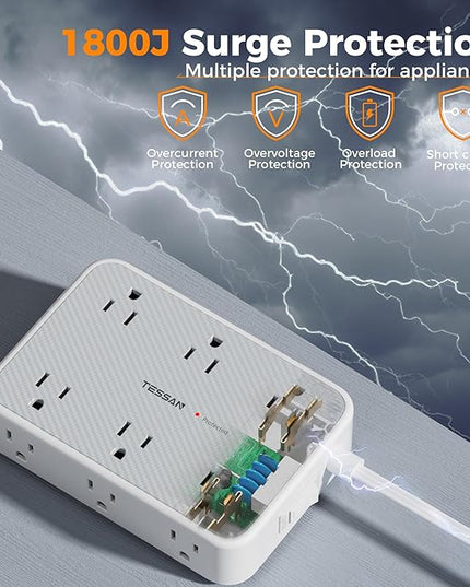 TESSAN 15 ft Extension Cord Surge Protector Power Strip, 12 Outlet Extender with 4 USB (2 USB C), 1800 Joules Protection, Flat Plug, Flat Extension Cord with Multiple Outlets, for Home, Office, Dorm