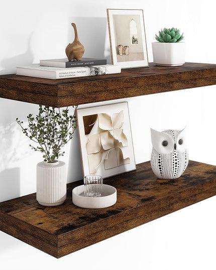 Heimlove 12" Deep Floating Shelves, 36 x 12 Inch Wall Mounted Long Floating Shelf with Invisible Brackets, for Home Decor, Bedroom, Kitchen, Living Room, Bathroom - 2 Pack, Rustic Brown
