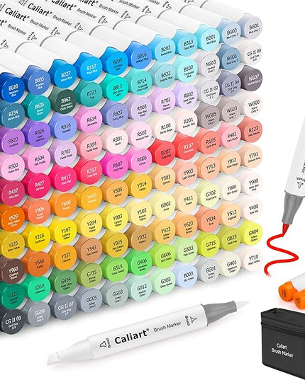 Caliart 121 Colors Alcohol Markers Brush Tip, Dual Tip Artists Coloring Markers Set Brush & Chisel, Permanent Alcohol Based Colored Sketch Pens, Art Supplies Gifts for Adults Illustration Drawing