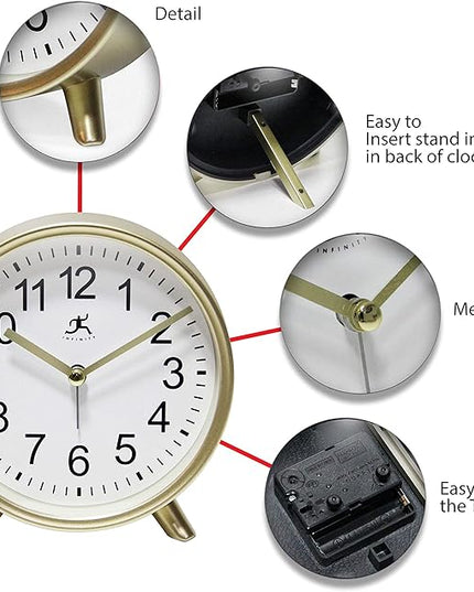 Infinity Instruments Tabletop Alarm Clock Decorative Cute 5.75 inch Face Modern Round Analog Easy-to-Read Matte Gold Small