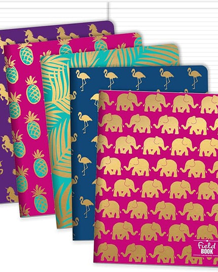 Elan Publishing Company Field Notebook/Journal - 8"x10" - Assorted Patterns Gold Foil - Lined - Pack of 5