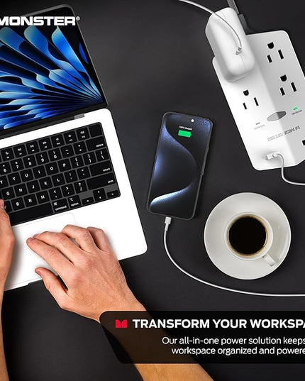 Monster Power Shield XL Surge Protector with Outlet Extender, Multiple Plug Outlet with 4 AC Outlets and 2 USB-A Ports, Reliable Wall Outlet with USB Ports