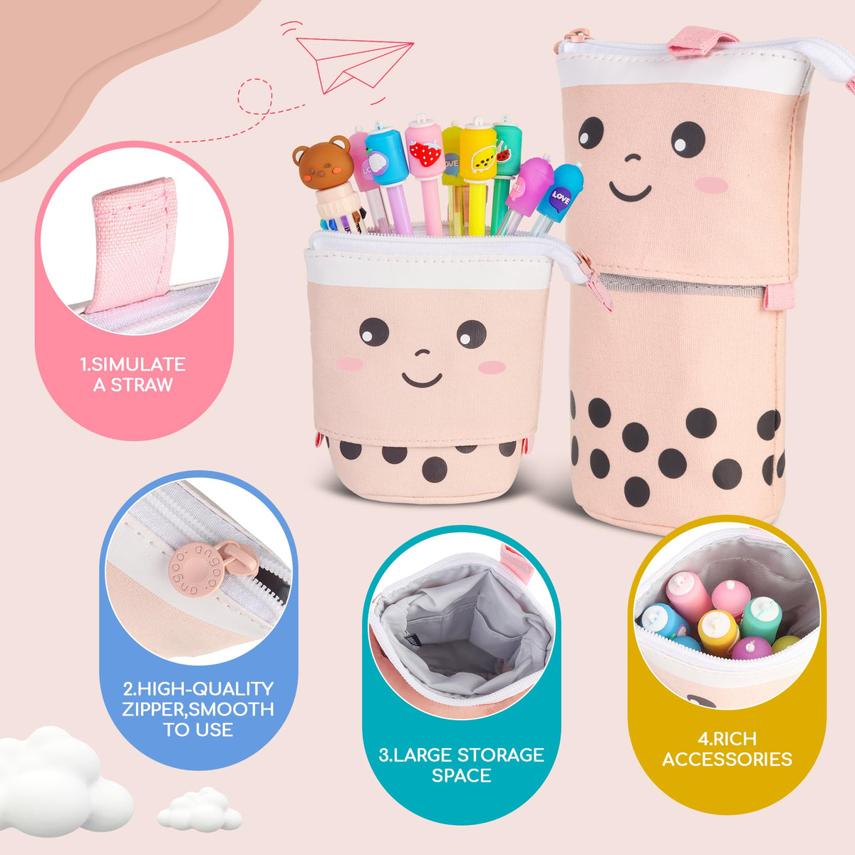 Cute Boba Pencil Case Set for Girls - Back to School Supplies Kit with Pop Up Pencil Pouch, Pens, Stickers & Eraser, Kawaii Stationery Set for Students, Classroom, & Journaling (Pink Bubble Tea)