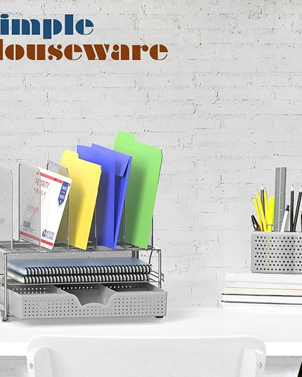 Simple Houseware Mesh Desk Organizer with Sliding Drawer, Double Tray and 5 Upright Sections, Silver