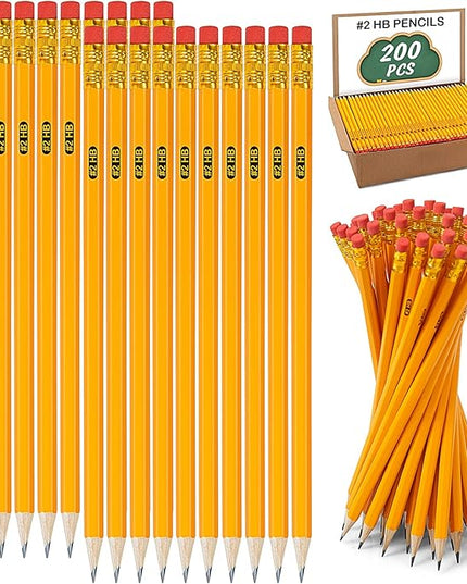 IKAYAS 200 Pack Yellow Sharpened Pencils with Erasers for Kids, 2 Pre-sharpened Number 2 Pencils for Classroom and Office, Writing, Drawing and Sketching (Wood-Cased)