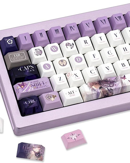 PBT Custom Keycaps 130 Keys, Japanese Anime Purple Keycaps Cherry Profile Dye Sublimation Keycap, Manga Style Key Cap Set for 60% 65% 75% TKL 100% Mechanical Keyboard