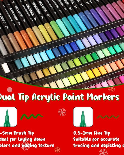 120 Colors Acrylic Paint Markers, Dual Tip Fine Tip and Brush Tip Pens Contain 24 Metallic Color for Stone, Wood, Calligraphy, Canvas, Ceramic, Metal, Glass, Rock Painting, DIY Crafts