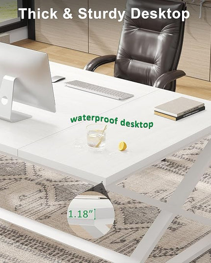 IBF Long White Computer Desk, Modern Simple Large Home Office Desk, Wood Metal Work Study Writing Table for 2 Monitors, Double Pc Gaming Executive Workstation in Bedroom Living Room, White Oak,70 in