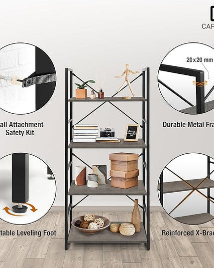 CAPHAUS 4 Tier Bookshelf, 24 Inch Width Free Standing Shelf, Bookcase Shelf Storage Organizer, Industrial Book Shelves for Home Office, Living Room, Kitchen, Dark Grey Vintage Shelves & Metal Frame