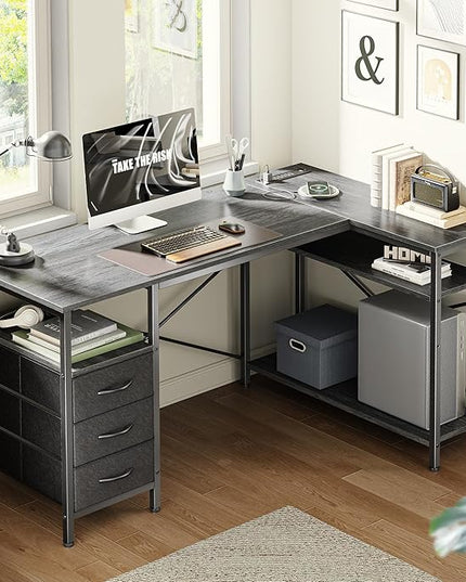 Huuger L Shaped Office Desk with Power Outlets, 47 Inch Computer Desk with 3 Drawers, Shelves, for Gaming, Corner Work, Home Office, Study, Grey