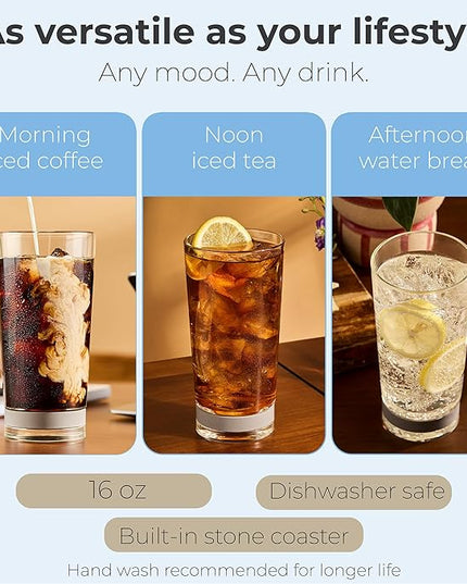 Coast Glassware The Tall – Patented Highball Drinking Glasses with Built-In Stone Coaster Base – Absorbent, Surface-Protecting Water & Cocktail Glasses – Premium Gift Pack (Set of 2) - 16 oz