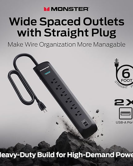 Monster Power Surge Protector w/ 1200 Joule Rating — Heavy Duty 6 FT Surge Protector Power Strip w/ 6 120V Outlets, 2 USB-A Ports — Fireproof MOV, Dual Mode, Clean Tech for Home & Office (Black)