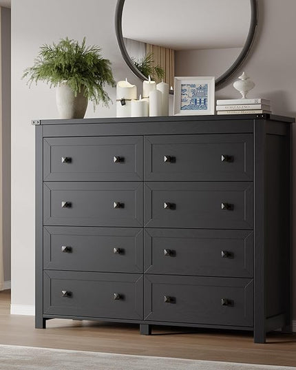 BORNOON Tall 8-Drawer Dresser, Modern Wooden Storage Chest of Drawers, Dresser TV Stand, Wood Drawer Organizer with Metal Handles for Bedroom, Living Room, Hallway