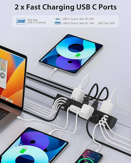 40W Fast Charging Station,Desk Clamp Power Strip 20W USB C,8 Outlets,8 USB Ports,4 USB C and 4 USB A, Office Furniture Surge Protector, 14AWG Cord, Fits 1.9" Tabletop Edge (Black, 10FT Length)