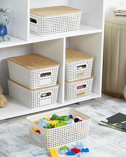 Small Plastic Storage Bins with Bamboo Lids 5.2qt Stackable Box Basket Pantry Decorative Containers Cute with Lable for Organizing Desktop Closet Office Cream White of 6 packs 10*7.2*4.1'’