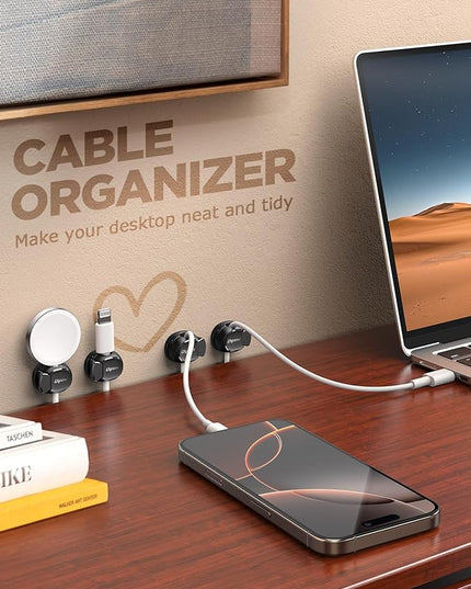 12Pack Cord Organizer [Dual Spring & Clasp, Max Secure] Cable Clips - Chfeila Cord Holder, Desk Cable Management, Adhesive Phone Charging Wire Holder for Nightstand/Car/Wall, Office Accessory - Black