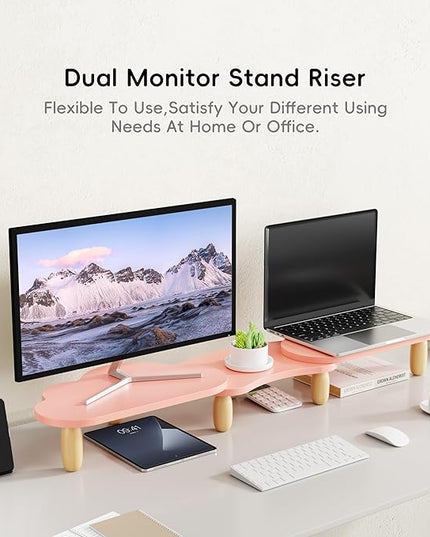 Dual Monitor Stand Riser, Adjustable Rainbow Cloud Desktop Organizer for 2 Monitors, Flexible Length & Angle Computer Stand for Laptop, PC, Printer, Home Office Use - Pink