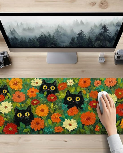 Mouse Pad Gaming Mousepad 31.5 x 11.8 Inch Large Keyboard Desktop Mat Diatomite XL Mouse Pad for Home and Office Desk Accessories with Colorful Floral Garden Cat Artwork