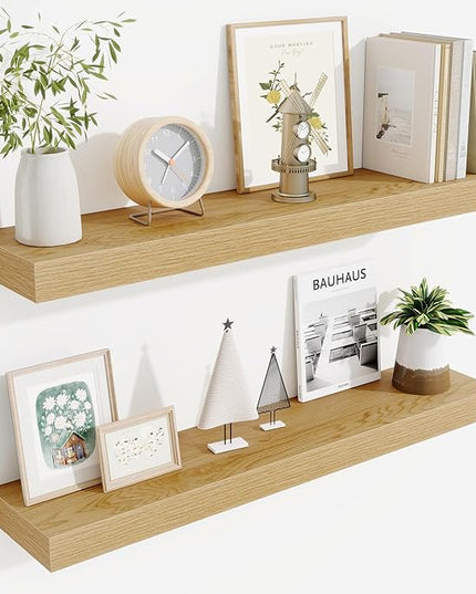 Fun Memories Bathroom Shelves 32 Inch Long Set of 2, Floating Shelves for Wall with Invisible Brackets, for Bedroom, Living Room, Kitchen, Oak