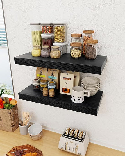 12 Inch Deep Black Floating Shelves, 24 x 12 Floating Shelf for Books, Rustic Wood Deep Wall Shelves for Home Storage & Display, 2" Thicked Shelves for Kitchen, Living Room, Bedroom, 1 Pack