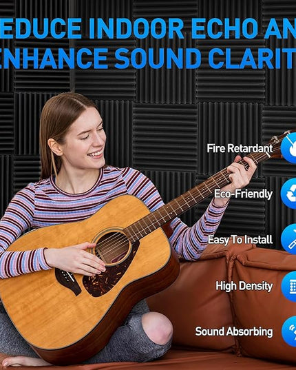 Focusound 120 Pack Acoustic Foam Panels 1" x 12" x 12" Sound Proof Foam Panels Soundproofing Noise Cancelling Wedge Panels for Home Office Recoding Studio with 600 PCS Double-Side Adhesive