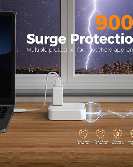Surge Protector Flat Extension Cord 15Ft, TESSAN Flat Plug Power Strip with 4 Outlets 3 USB Ports (1 USB C), 900 Joules Protection, Multiple Wall Outlet Extender Suitable for Home Office Dorm, White