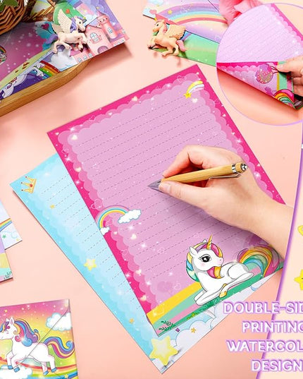 TaoBary 160 Pcs Stationery Paper Set 50 Double Sided Stationery Papers with 50 Matching Envelopes and 60 Round Dot Sticker, 10 Design(Unicorn,8.5 x 11 Inch)