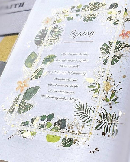 WT Green Oasis Washi Sticker Set, 3 Rolls, Original Designs, Pastel Decorative, Plants Sticker, Gold Foil, Bujo Planner Supplies, DIY Paper Stickers