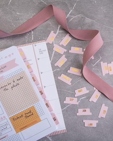 DiverseBee Gold Foil Planner 24 Peel and Stick Laminated Tabs for Notebooks, Calendar Tab Stickers and Monthly Dividers (Seasalt)