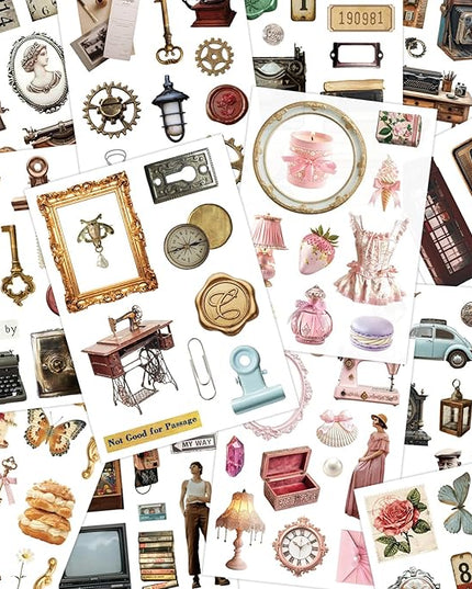 PRSTINCOL Vintage Sticker Book with 30 Pages and 300+ Aesthetic Stickers for Scrapbooking Supplies and Retro Bullet Journal