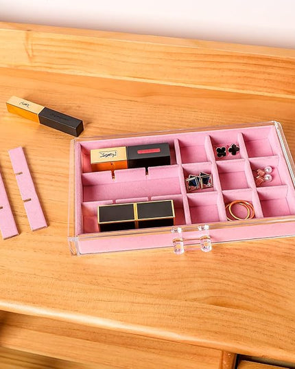 Frebeauty Acrylic Jewelry Organizer Earring Organizer Box with 5 Drawers Earring Holder Organizer with Velvet Trays Clear Jewelry Box for Women Earring Display for Rings StudsPink