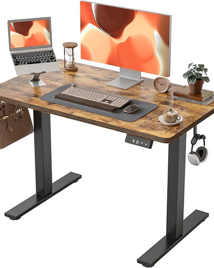 TIQLAB Height Adjustable Electric Standing Desk, 40 x 24 inch, Sit Stand Up Desk, Splice Board, Computer Home Office Desk, Rustic Brown Top
