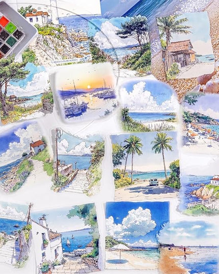 Dwpetzo 90 Pieces Large Seasons Scenery Stickers for Journaling, Watercolor Sylte Transparent PET Stickers for Scrapbooking, Junk Journal Supplies, Collage, Scrap Book, DIY Crafts Arts