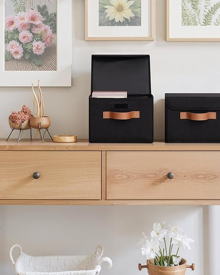 GRANNY SAYS Small Storage Bins with Lids, Small Storage Boxes, Shelf Baskets for Shelf, Collapsible Storage Bins for Living Room, Bedroom, 10x8x7 Inch, Black, 2-Pack