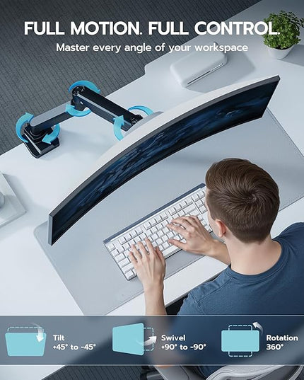 ARES WING Ultrawide Monitor Arm, Heavy Duty Single Monitor Mount for 13"-49" Curved Screens, Adjustable Stand for Desk with C-clamp & Grommet Base up to 40 LBS, Black