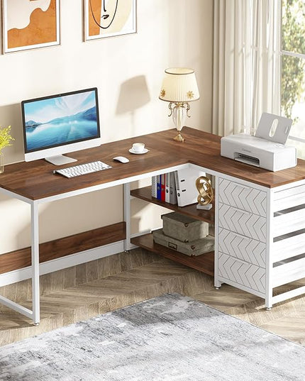 Tribesigns L Shaped Computer Desk with Storage Drawers, 59 inch Corner Desk with Shelves, Reversible L-Shaped Office Desk Study Writing Table Workstation for Home Office, Walnut & White
