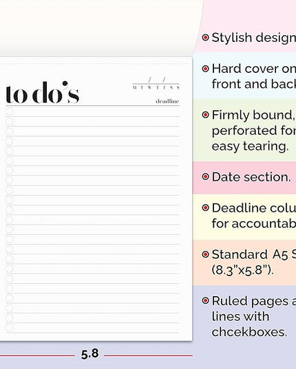 To Do List Notepad A5 Size (8.3"X5.8") Daily To Do List Planner, Productivity Planner, Stylish Design, Quality Thick Paper, Hardcover, Undated, Ruled Pages, Checkboxes, Deadline Column, Date Section.