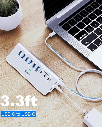 Powered USB Hub 10Gbps, intpw 9-Port USB 3.2 Hub, USB C Hub with USB A/USB C 3.2, 4 USB 3.0, 2 PD 45W Charging Ports, 65W Power Adapter and 3.3FT Cable, Aluminum USB Hub for Laptop, iPhone 17/16/15，PC